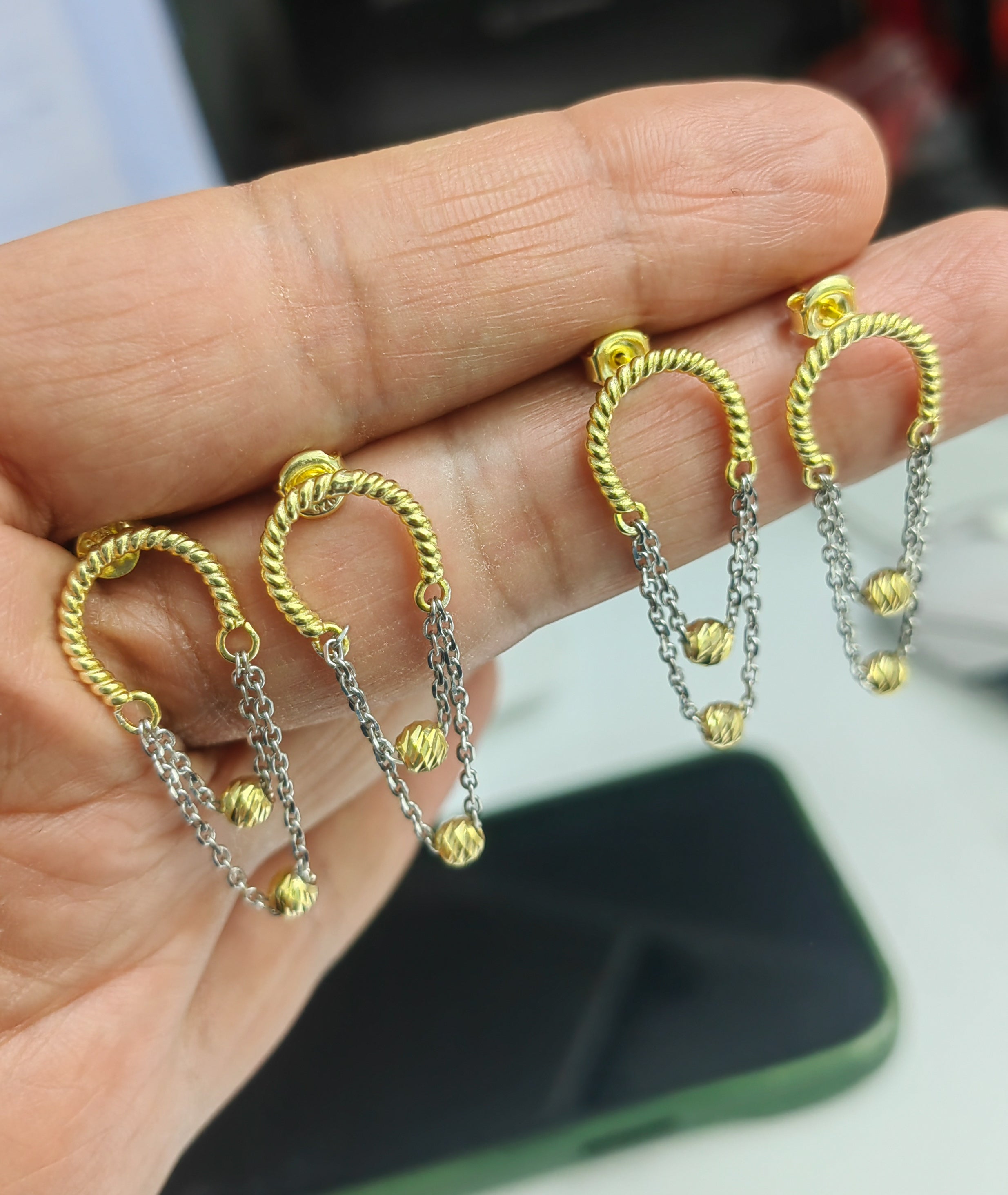 Dual Color Silver Chain Earrings – Handmade 925 Sterling Silver Dangle Earrings, Women's Gift