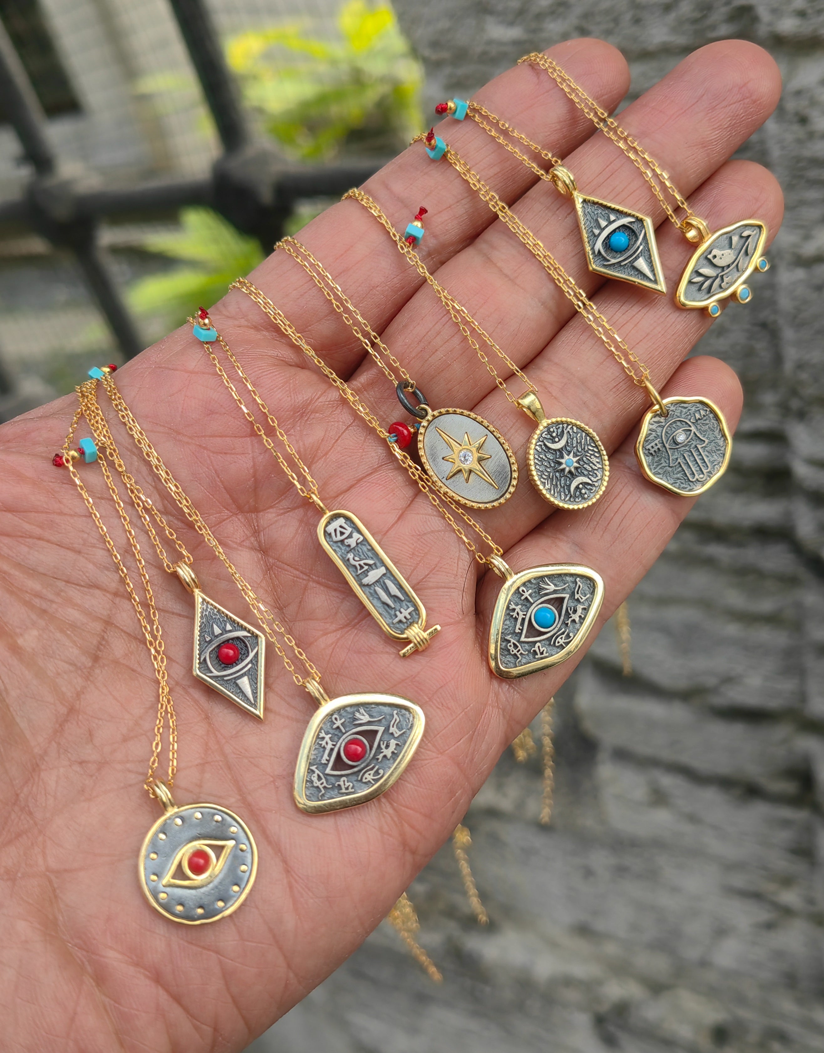 Authentic Two Tone Sterling Silver Evil Eye Medallion Necklace with Natural Gemstone – Handcrafted Artisan Boho Protection Pendant, Vintage Gift for Her