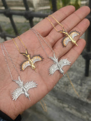 Handcrafted CZ Pave Hummingbird Necklace – Two Tone Silver Gold Flying Bird Pendant, Dainty Nature Fine Jewelry Gift for Her
