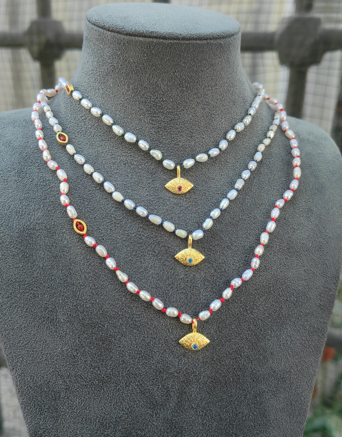 Handcrafted Freshwater Pearl Beaded Evil Eye Necklace with Gold Charm – Knotted Pearl Protection Necklace, Boho Artisan Spiritual Jewelry Gift for Her
