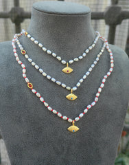 Handcrafted Freshwater Pearl Beaded Evil Eye Necklace with Gold Charm – Knotted Pearl Protection Necklace, Boho Artisan Spiritual Jewelry Gift for Her