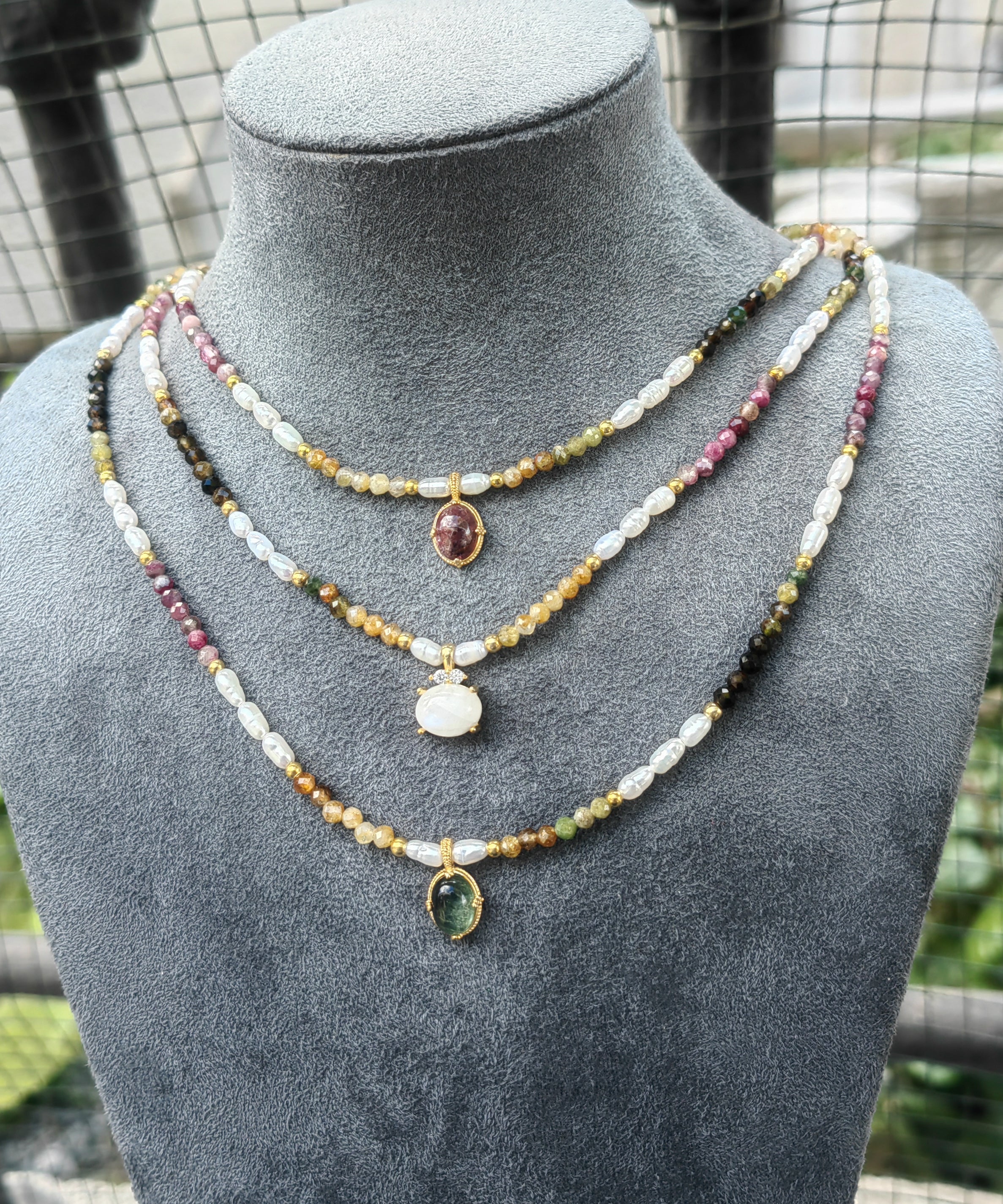 Handcrafted Natural Tourmaline Pearl Beaded Necklace with Genuine Gemstone Pendant – Multi Color Tourmaline Freshwater Pearl Gold Accent Layering Necklace, Boho Fine Jewelry Gift for Her