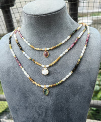 Handcrafted Natural Tourmaline Pearl Beaded Necklace with Genuine Gemstone Pendant – Multi Color Tourmaline Freshwater Pearl Gold Accent Layering Necklace, Boho Fine Jewelry Gift for Her