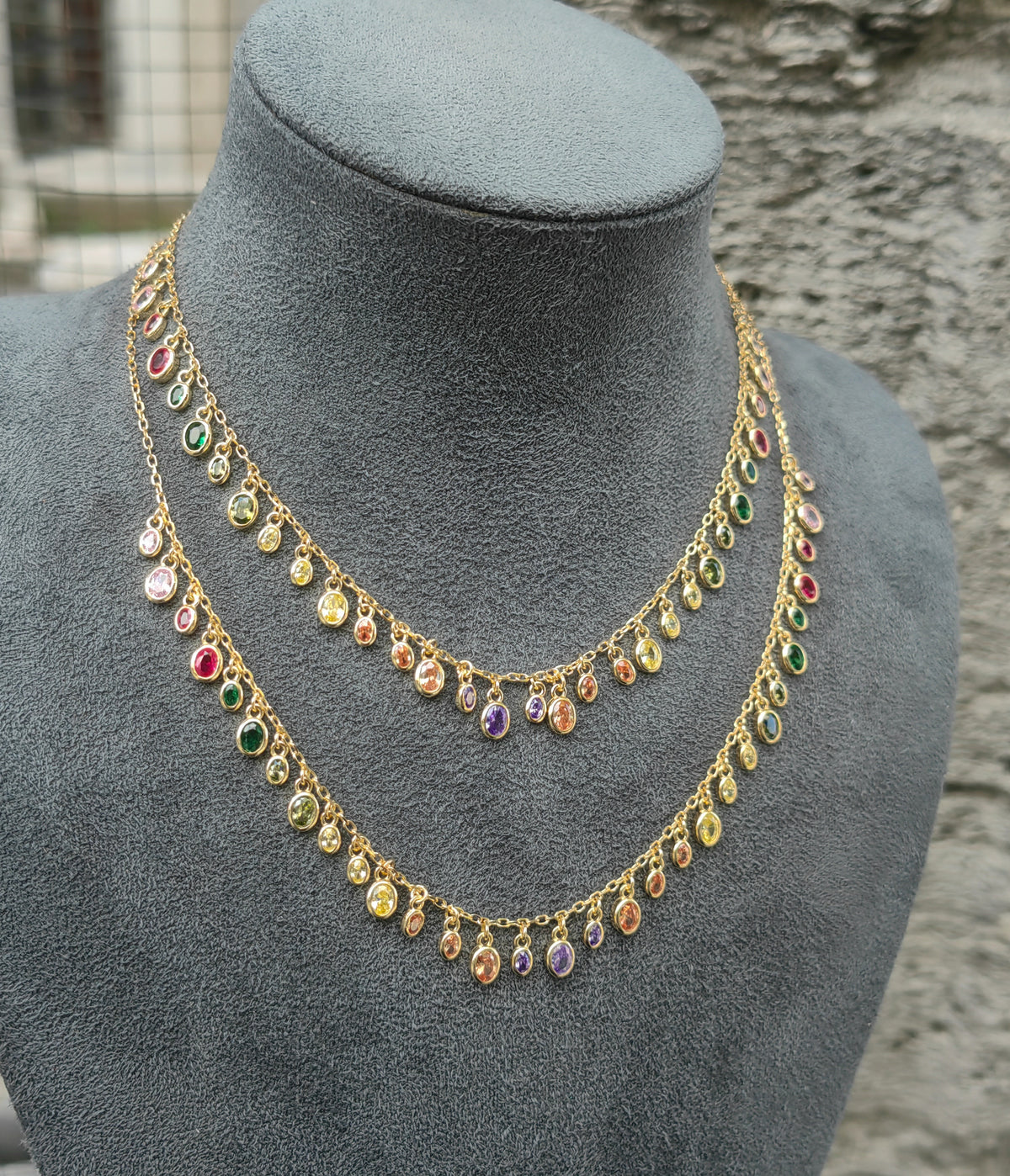 Handcrafted Rainbow Multi Color CZ Fringe Necklace in Gold – Sparkling Oval Bezel Set Cubic Zirconia Dangle Drop Chain Necklace, Colorful Statement Jewelry Gift for Her