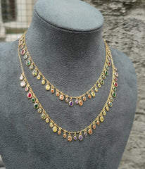 Handcrafted Rainbow Multi Color CZ Fringe Necklace in Gold – Sparkling Oval Bezel Set Cubic Zirconia Dangle Drop Chain Necklace, Colorful Statement Jewelry Gift for Her