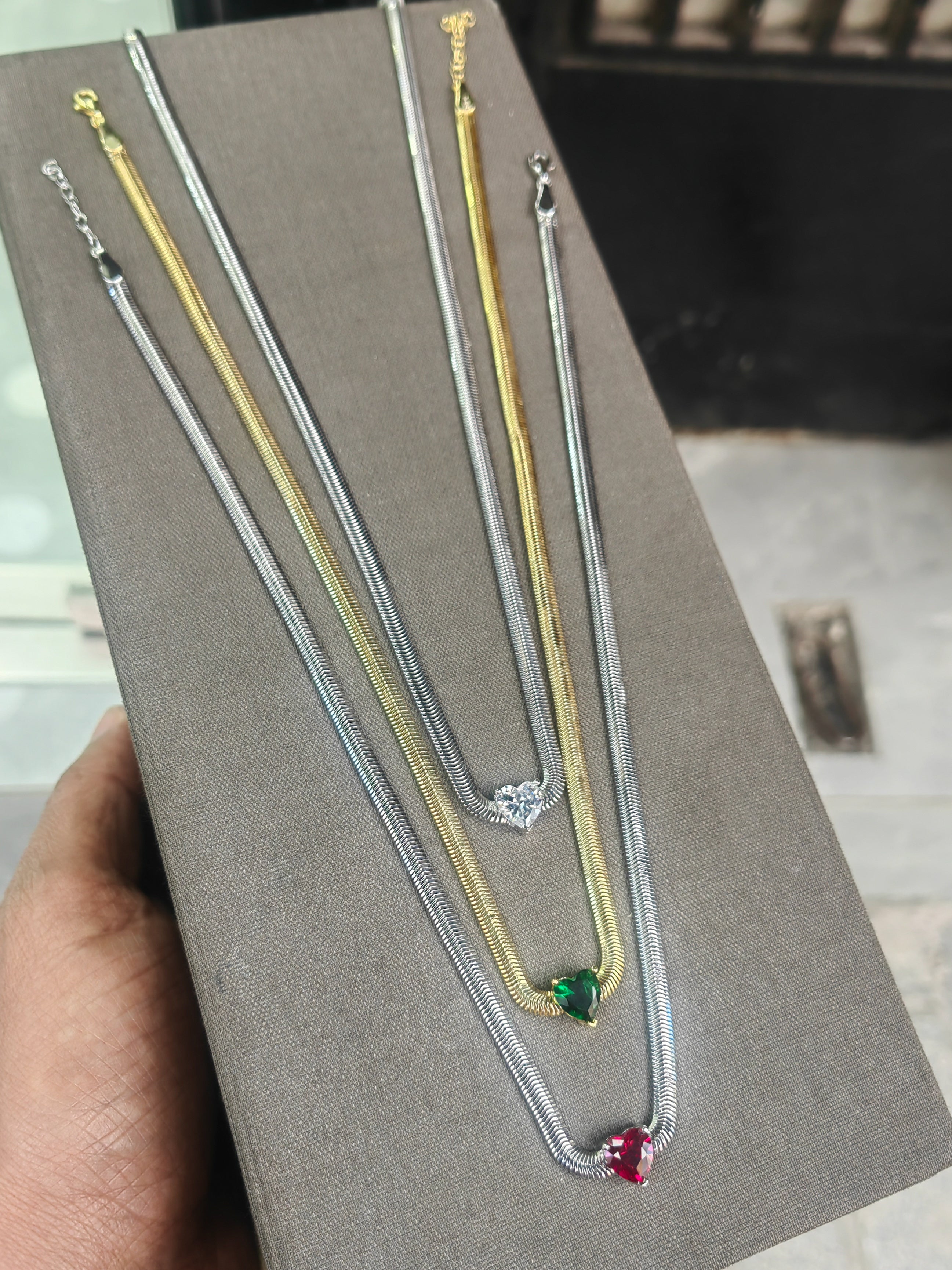Wear Your Heart on Your Neckline – White, Coral, Green CZ Heart Solitaire on Gold Herringbone Chain, Romantic Minimalist Statement Necklace Gift