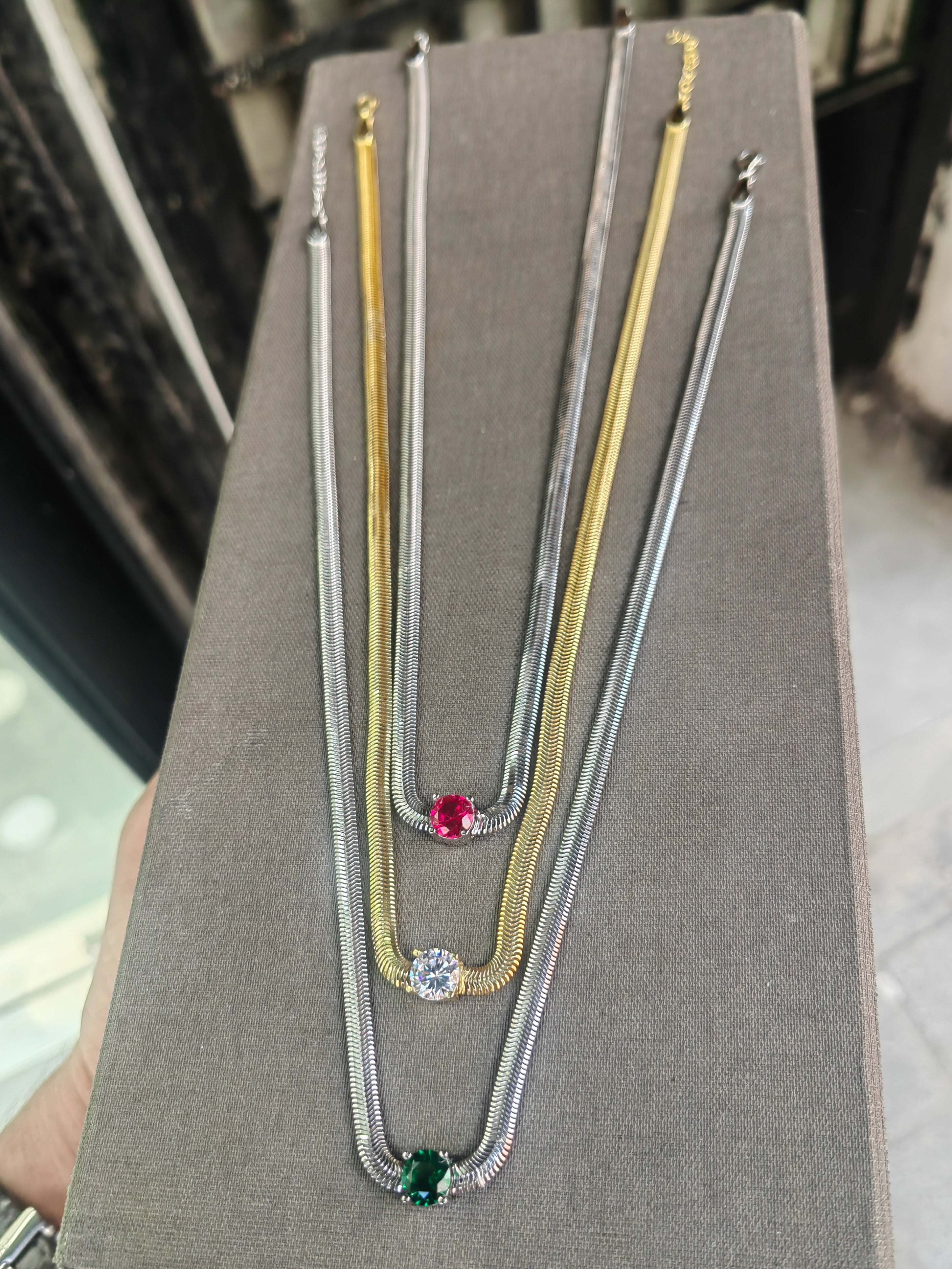 The Red Moment – Round Pink CZ Solitaire Sterling Silver Snake Chain Necklace, Everyday Quiet Luxury Gift for Her
