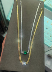 One Stone, Two Metals – Emerald Cut Green CZ Solitaire on Layered Silver Gold Herringbone Chain, Quiet Luxury Statement Necklace