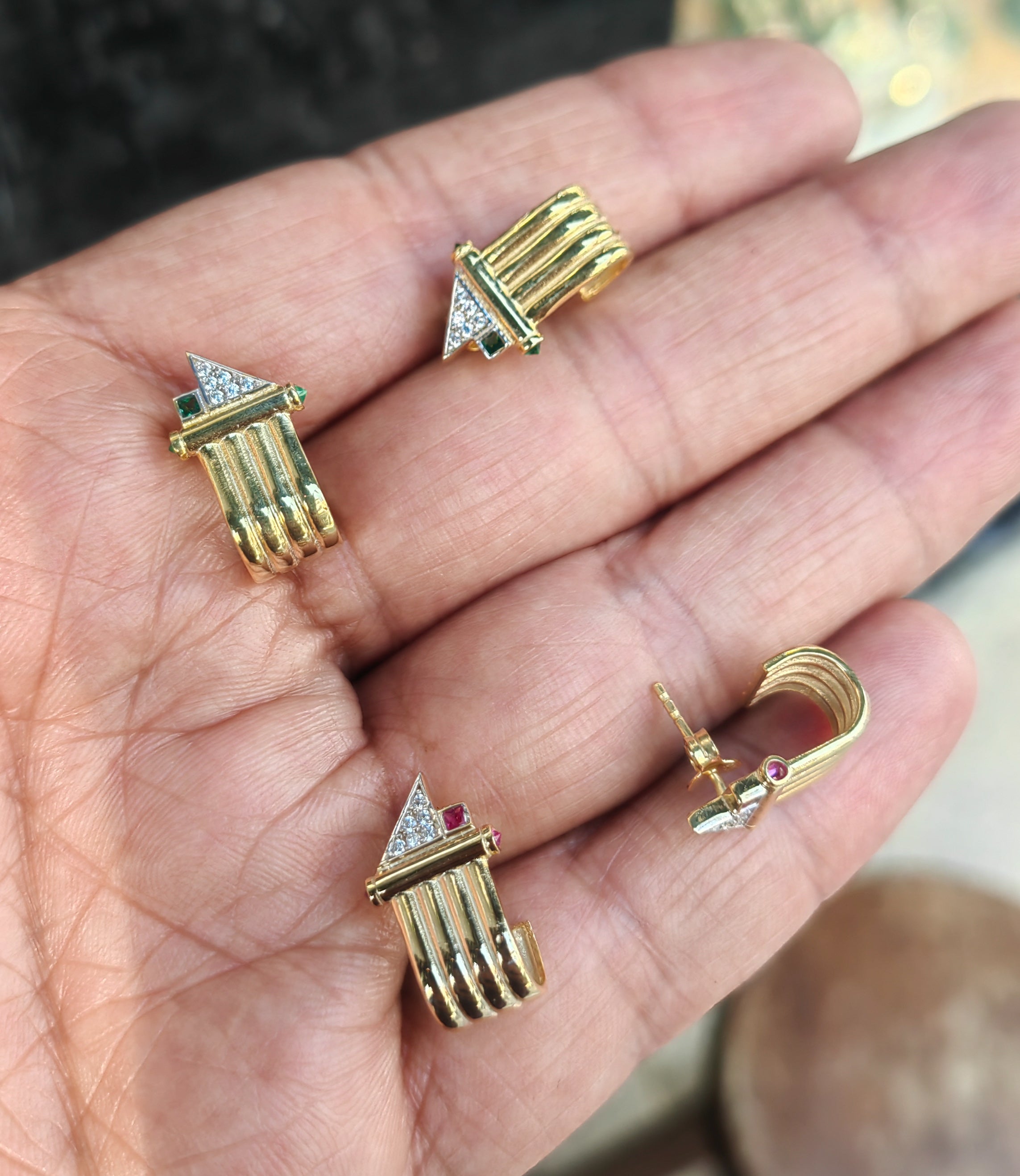 Where Ancient Meets Modern – Gold Ribbed Clip Earrings with CZ Pave Triangle and Green or Coral Stone Accent, Bold Art Deco Gift