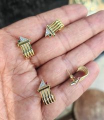 Where Ancient Meets Modern – Gold Ribbed Clip Earrings with CZ Pave Triangle and Green or Coral Stone Accent, Bold Art Deco Gift