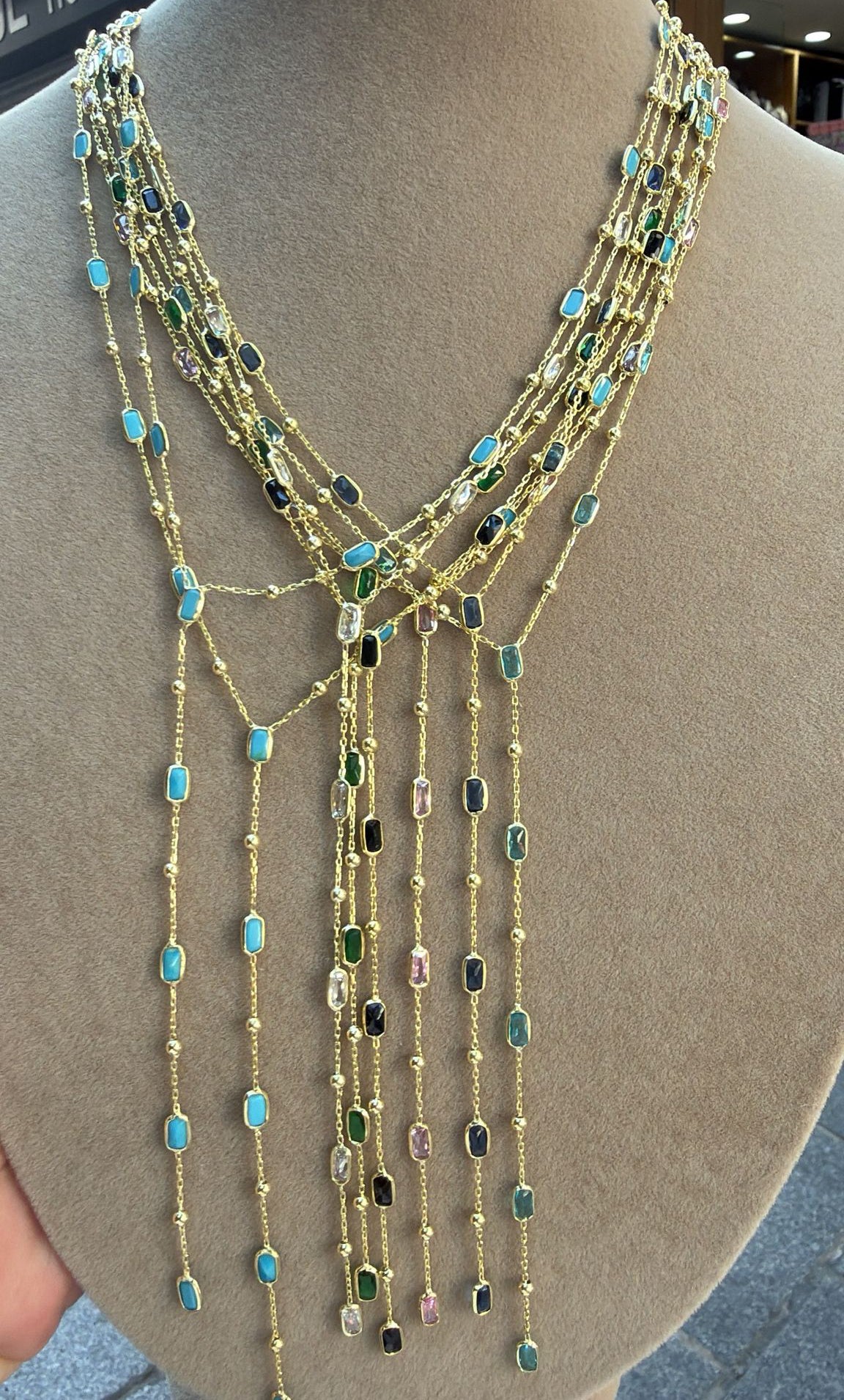 Multi-Strand Y Shaped Necklace - 925 Silver Cubic Zirconia Drop Necklace Gold Plated