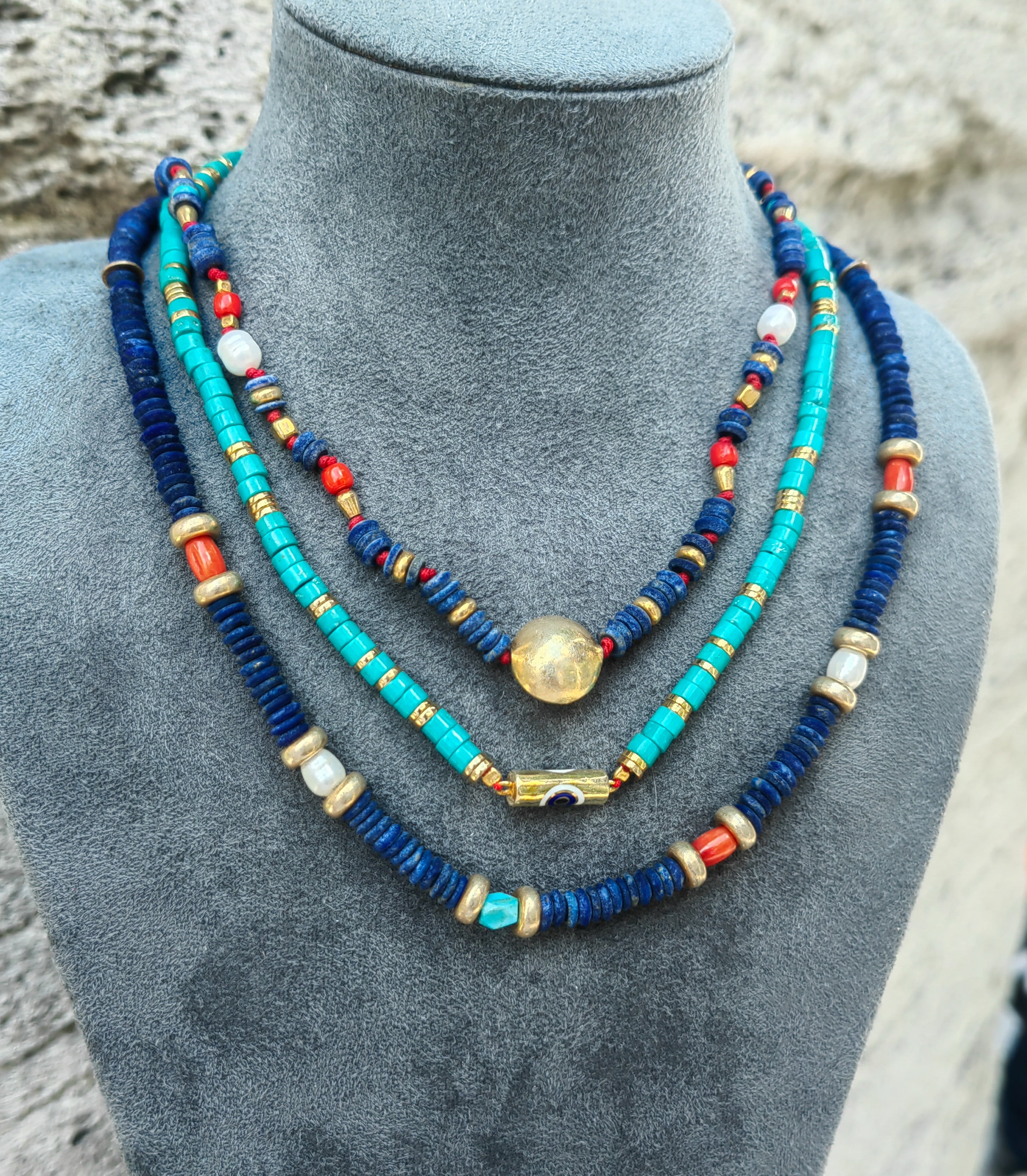Lapis Lazuli Turquoise Sterling Silver Necklace - Multi Strand Beaded Bohemian Gemstone Jewelry