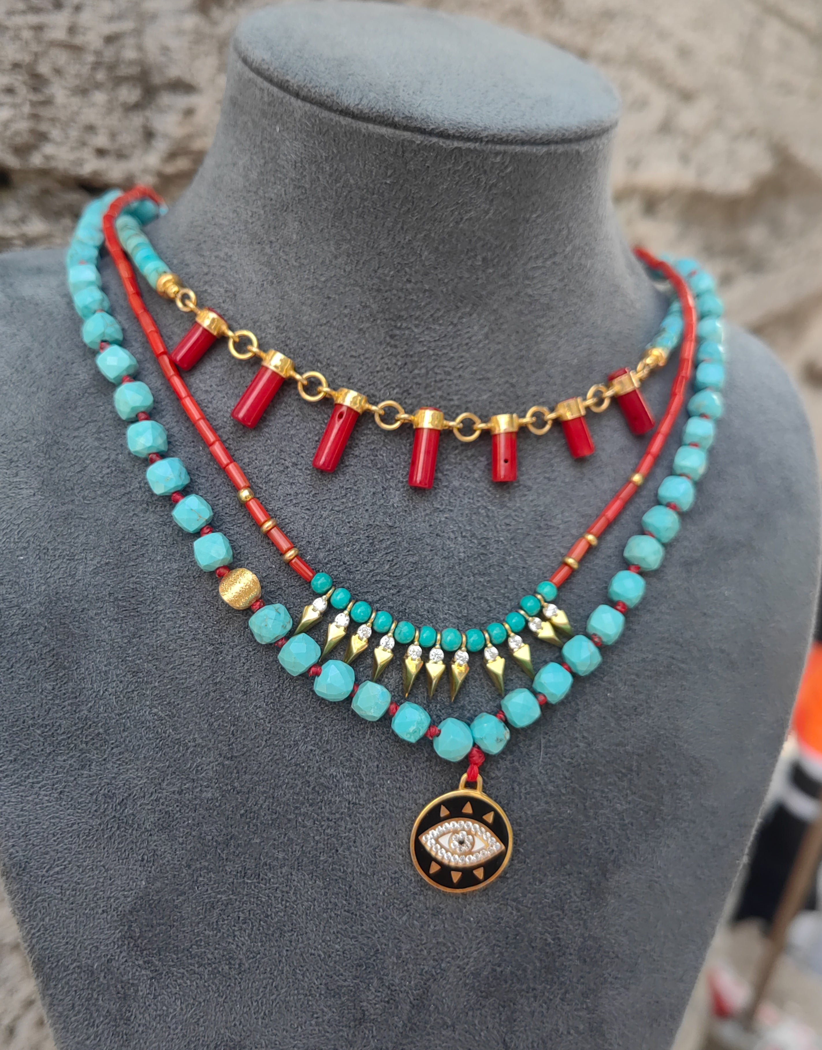 Turquoise Evil Eye Layered Necklace - 925 Sterling Silver Real Stone Beaded Jewelry