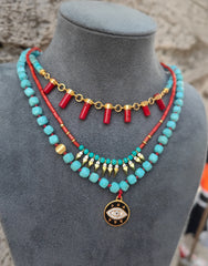 Turquoise Evil Eye Layered Necklace - 925 Sterling Silver Real Stone Beaded Jewelry