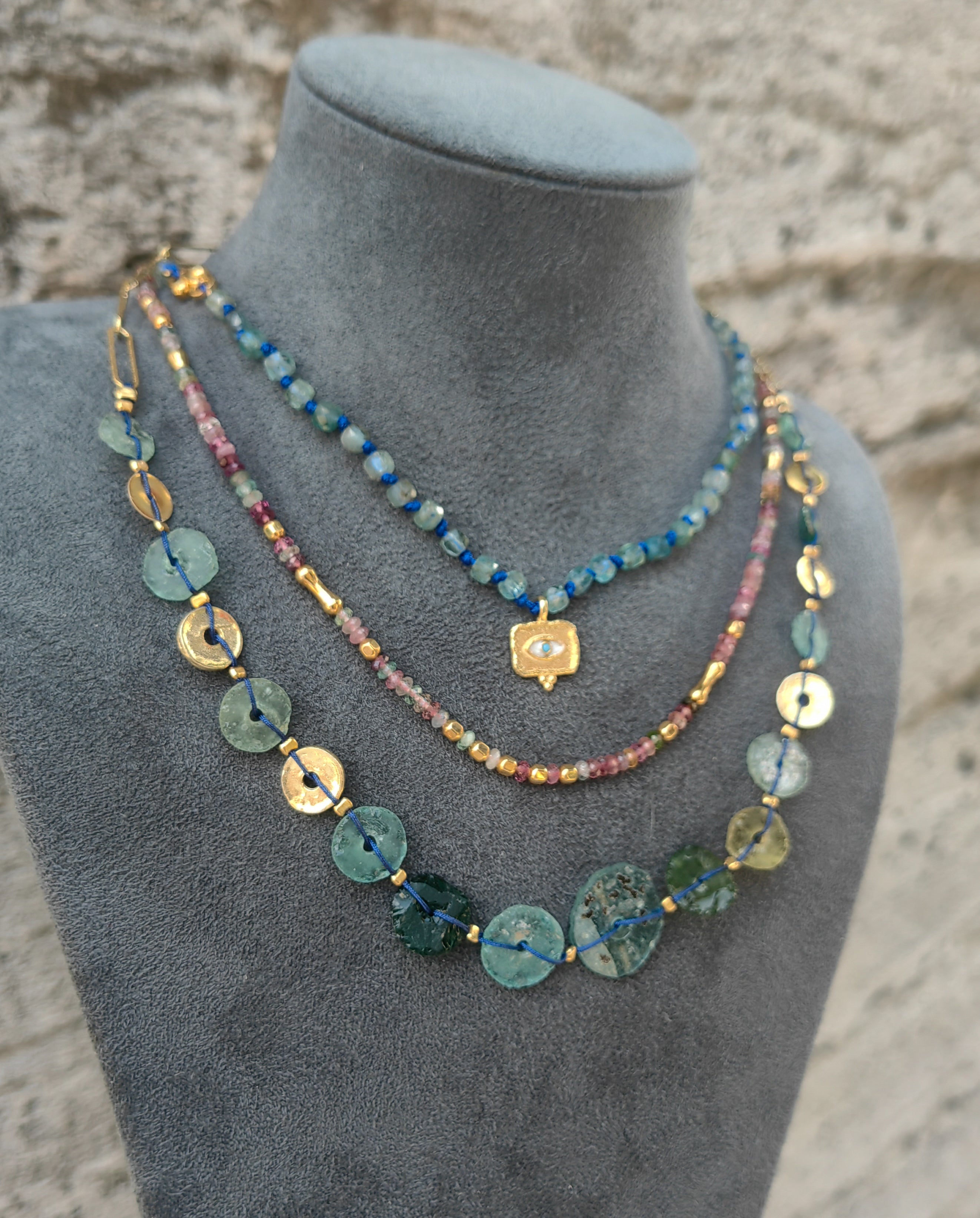 925 Silver Gemstone Beaded Necklace Set - Layered Blue Green Stone Jewelry with Gold Accents