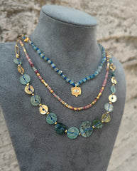 925 Silver Gemstone Beaded Necklace Set - Layered Blue Green Stone Jewelry with Gold Accents