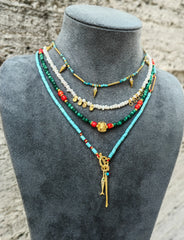 Layered Turquoise Pearl Necklace 925 Silver - Boho Gemstone Necklace with Green Malachite & Carnelian