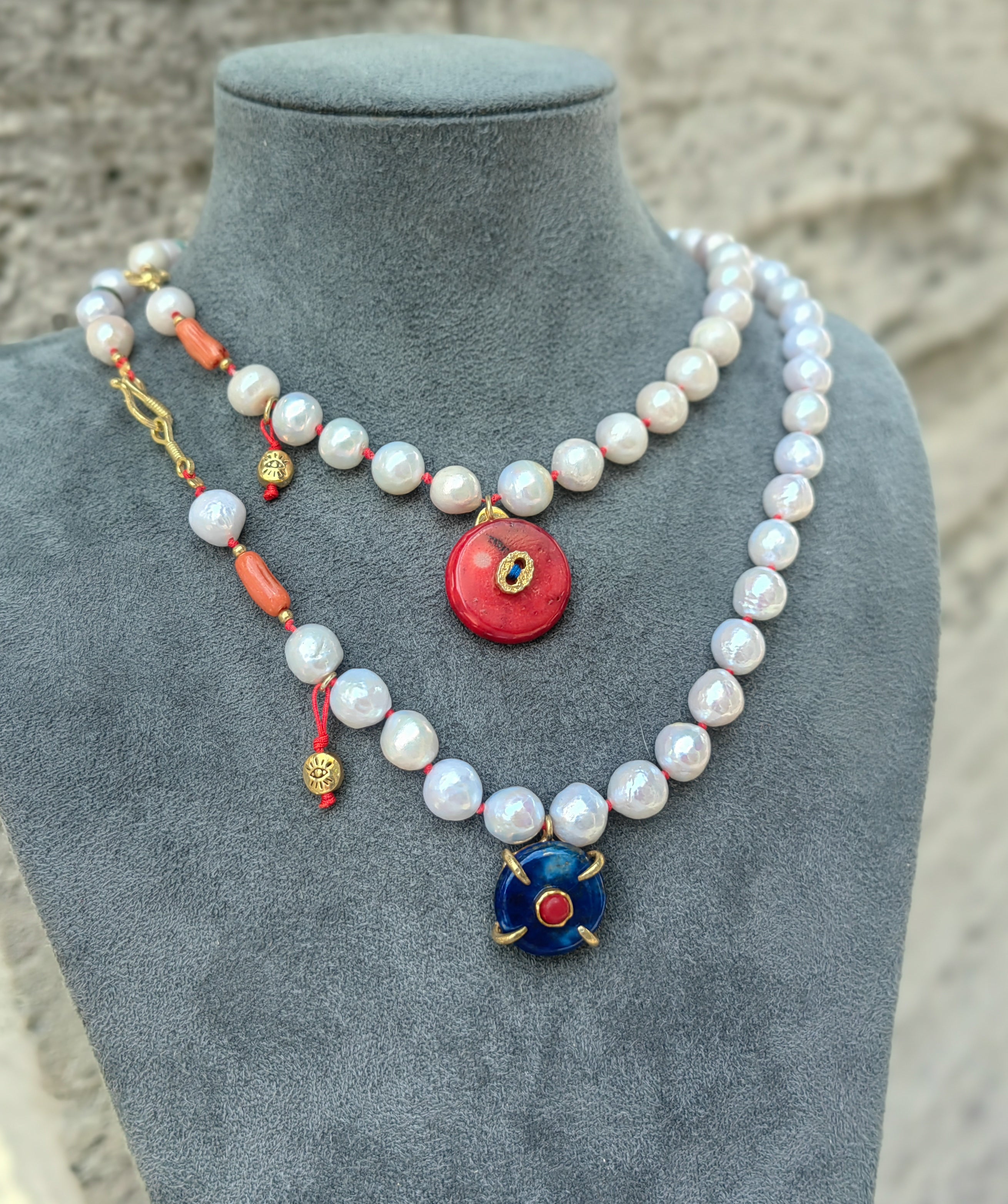 Handcrafted Sterling Silver Pearl Necklace with Natural Red Coral & Lapis Lazuli