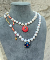 Handcrafted Sterling Silver Pearl Necklace with Natural Red Coral & Lapis Lazuli