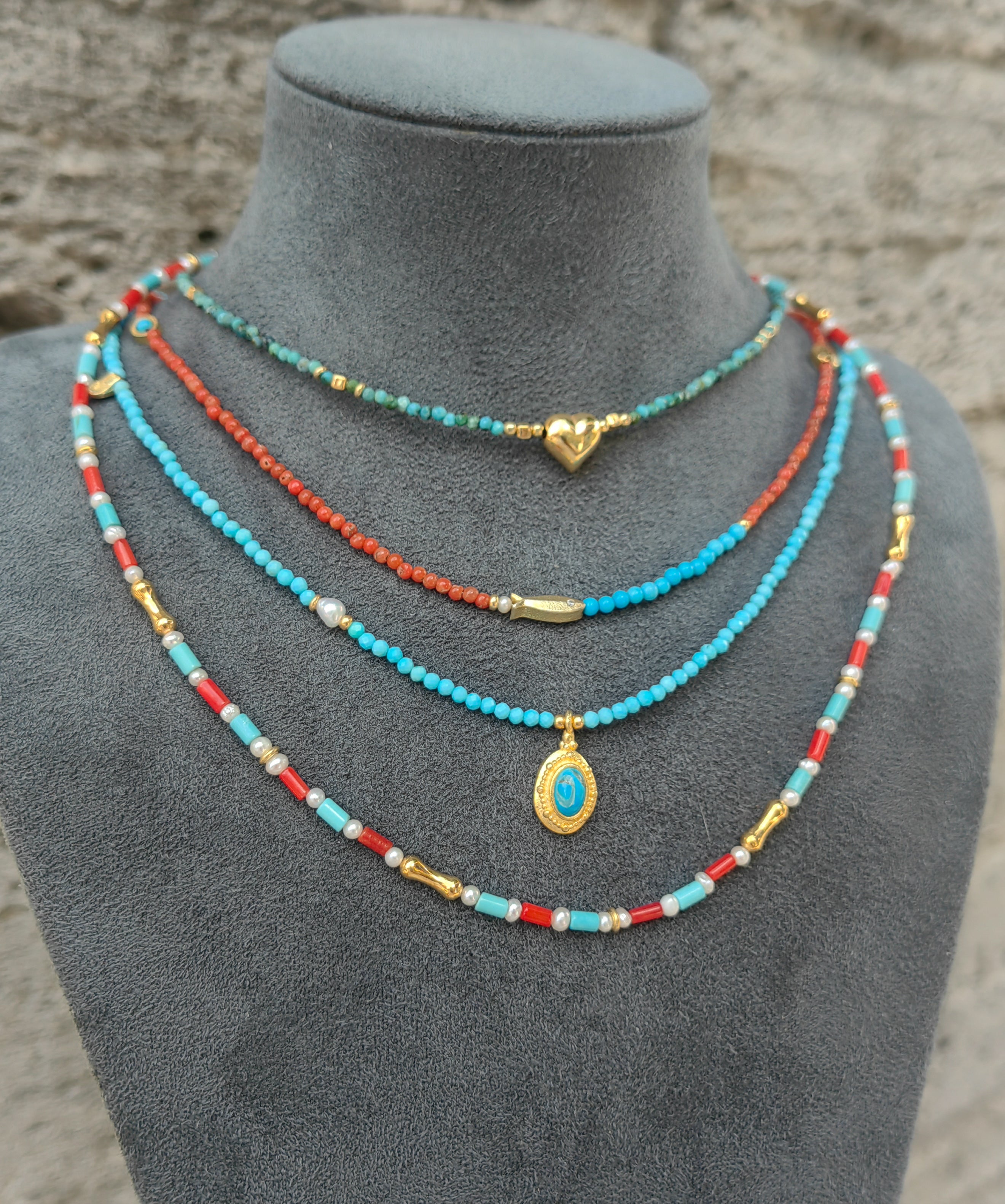925 Sterling Silver Turquoise Natural Stone Layered Necklace with Gold Pendant