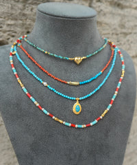 925 Sterling Silver Turquoise Natural Stone Layered Necklace with Gold Pendant