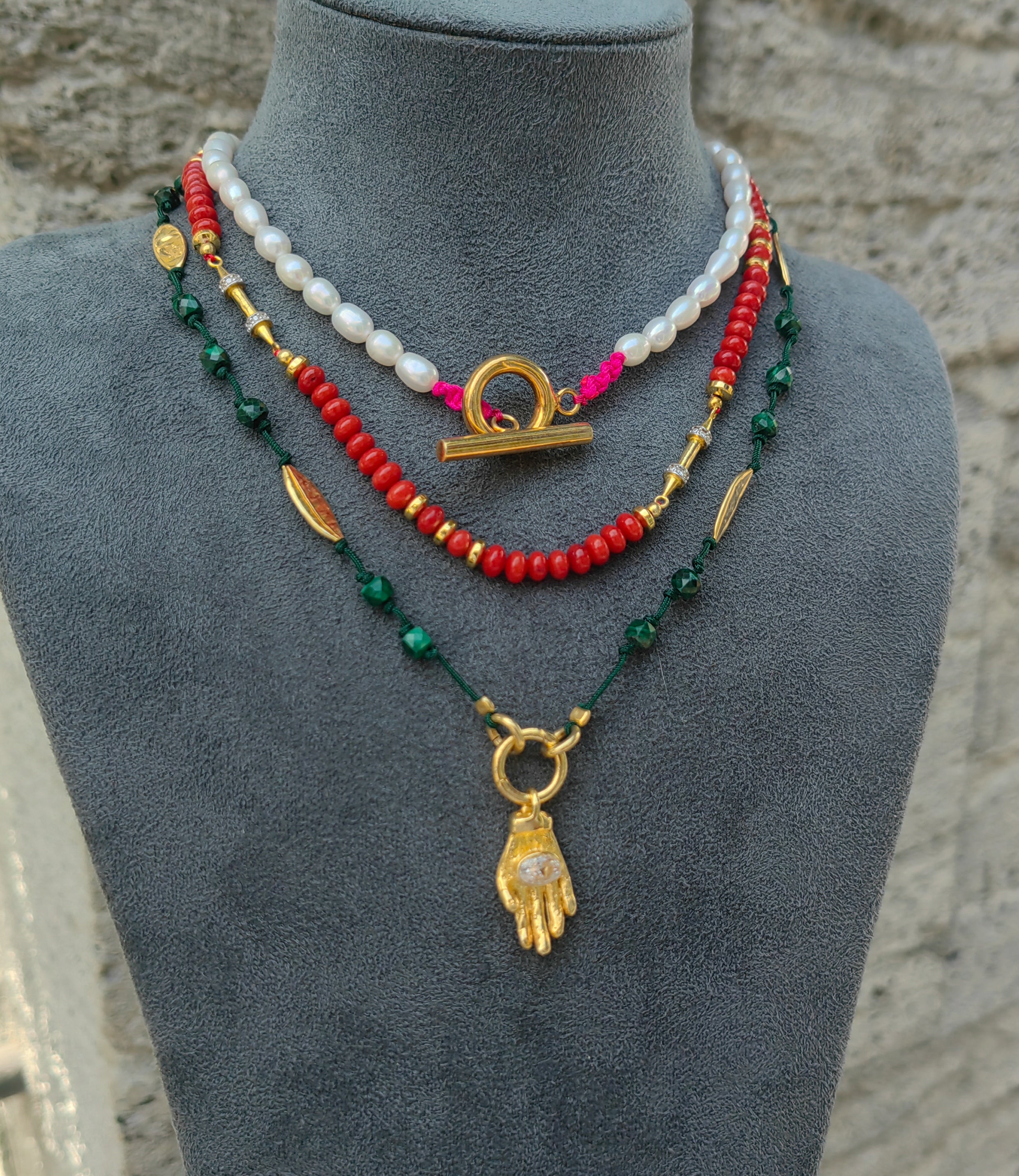 925 Sterling Silver Multi-Strand Pearl Coral Jade Necklace with Gold Plated Toggle Clasp
