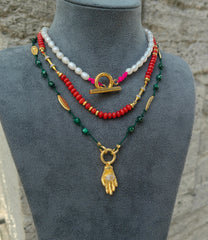 925 Sterling Silver Multi-Strand Pearl Coral Jade Necklace with Gold Plated Toggle Clasp
