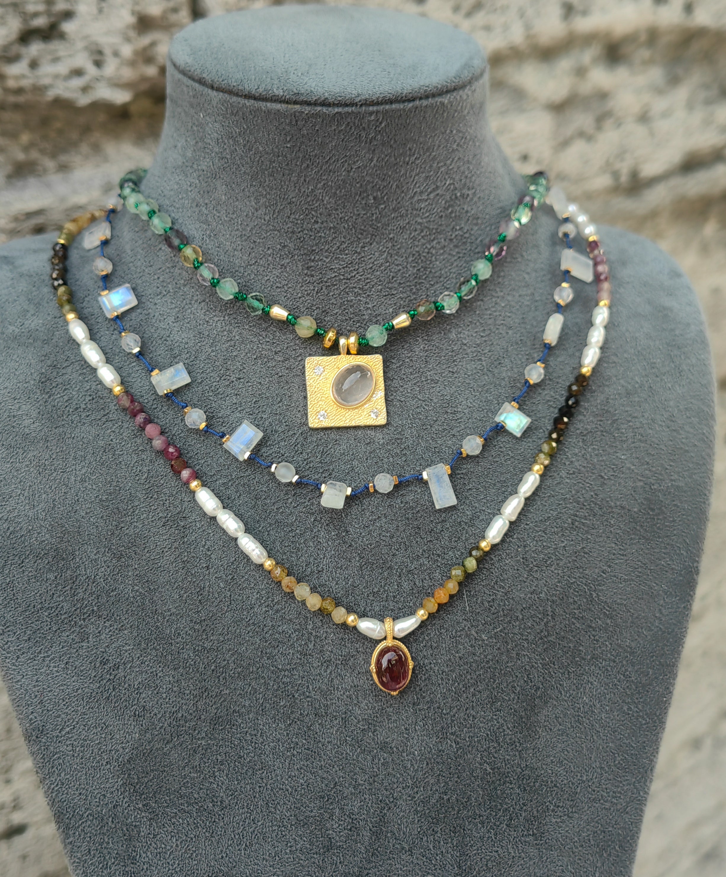 Authentic 925 Silver Layered Necklace with Genuine Green Tourmaline, Pearl & Blue Stones