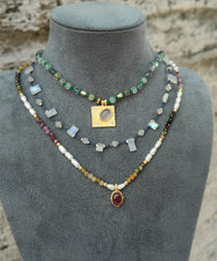 Authentic 925 Silver Layered Necklace with Genuine Green Tourmaline, Pearl & Blue Stones