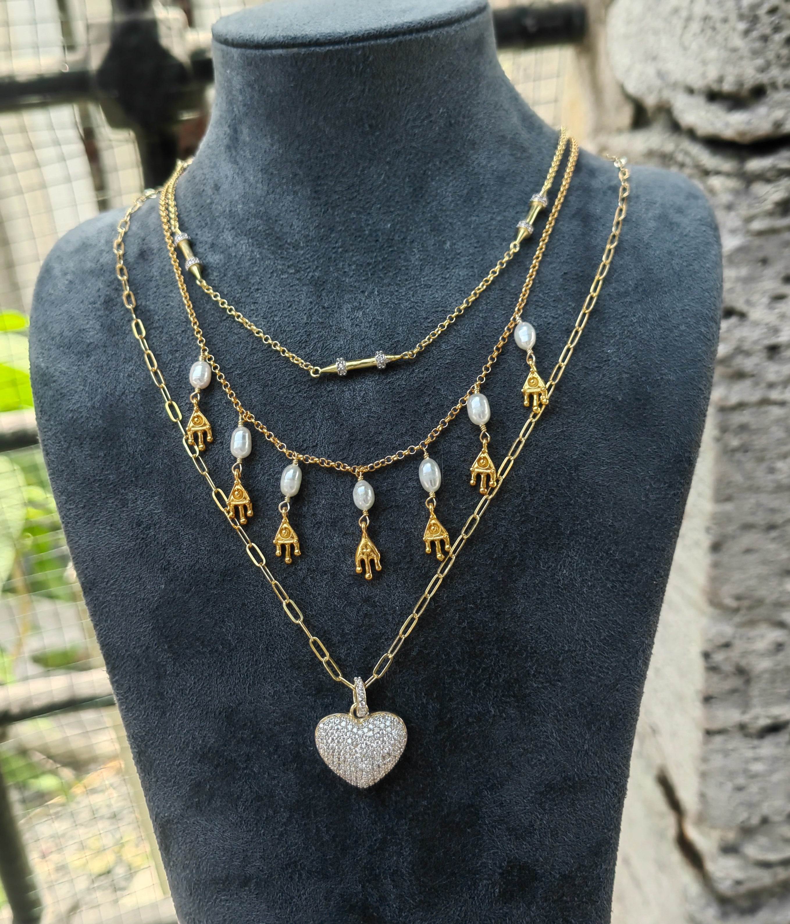 925 Sterling Silver Gold Plated Necklace - Layered Zircon Heart & Pearl Hamsa Pendant Set