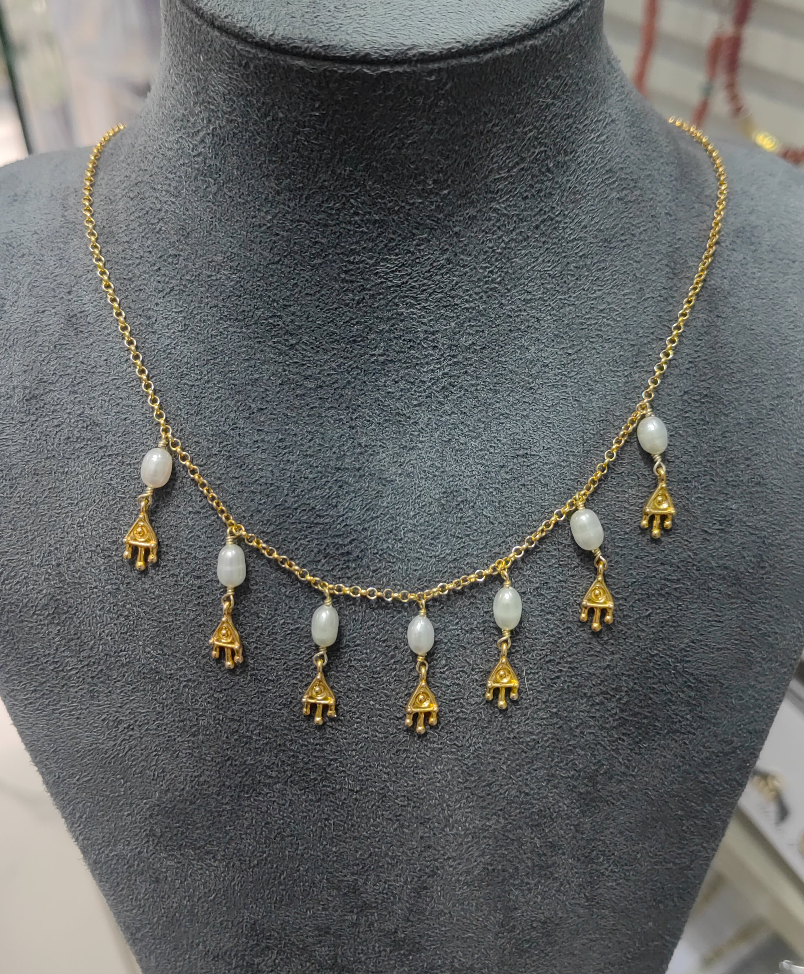 925 Sterling Silver Gold Plated Necklace - Layered Zircon Heart & Pearl Hamsa Pendant Set
