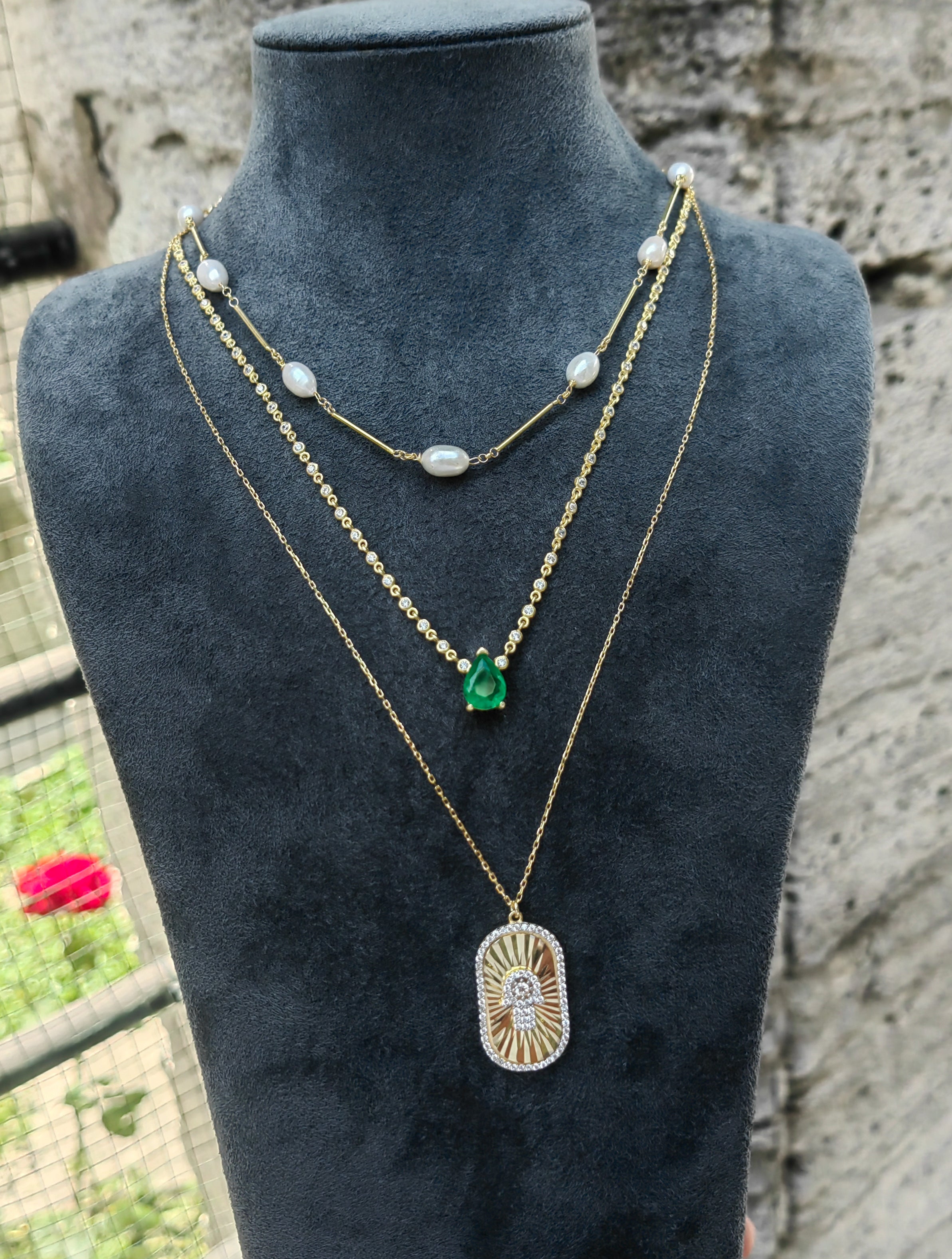 Multi-Strand 925 Sterling Silver Necklace with Zircon Stones and Green Teardrop Pendant