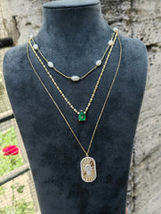 Multi-Strand 925 Sterling Silver Necklace with Zircon Stones and Green Teardrop Pendant