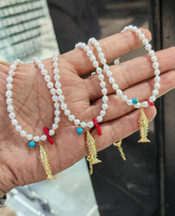 Pearl Fish Charm Necklace, Handcrafted 925 Silver with Real Pearls, Turquoise Zircon Stone, Boho Necklace