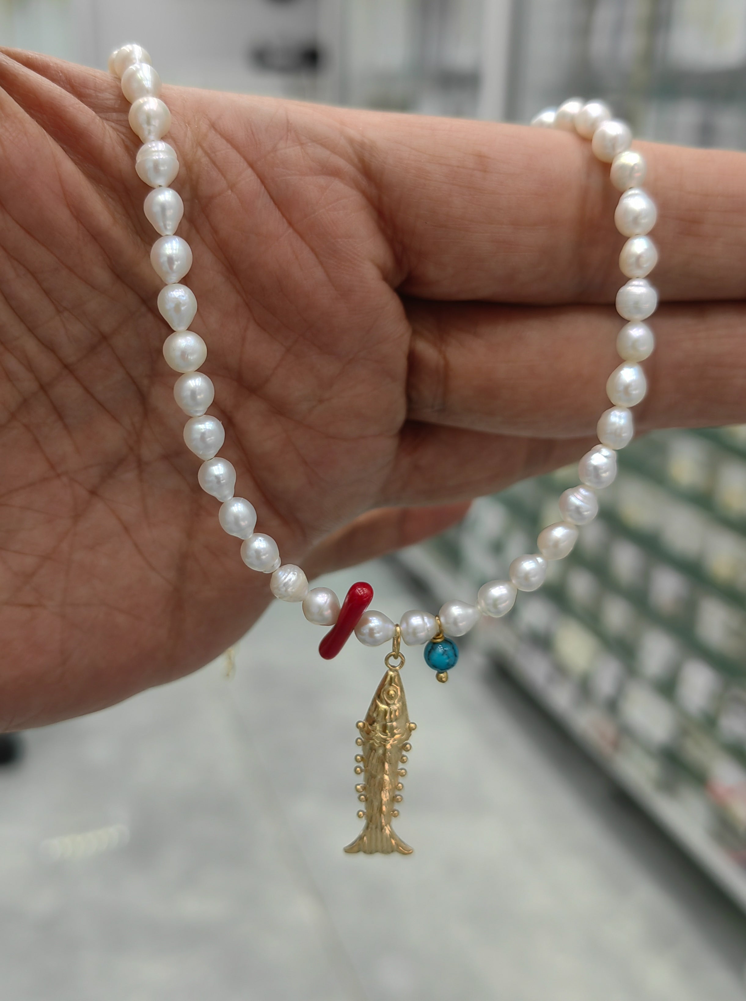 Pearl Fish Charm Necklace, Handcrafted 925 Silver with Real Pearls, Turquoise Zircon Stone, Boho Necklace