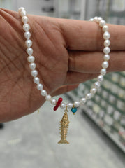 Pearl Fish Charm Necklace, Handcrafted 925 Silver with Real Pearls, Turquoise Zircon Stone, Boho Necklace