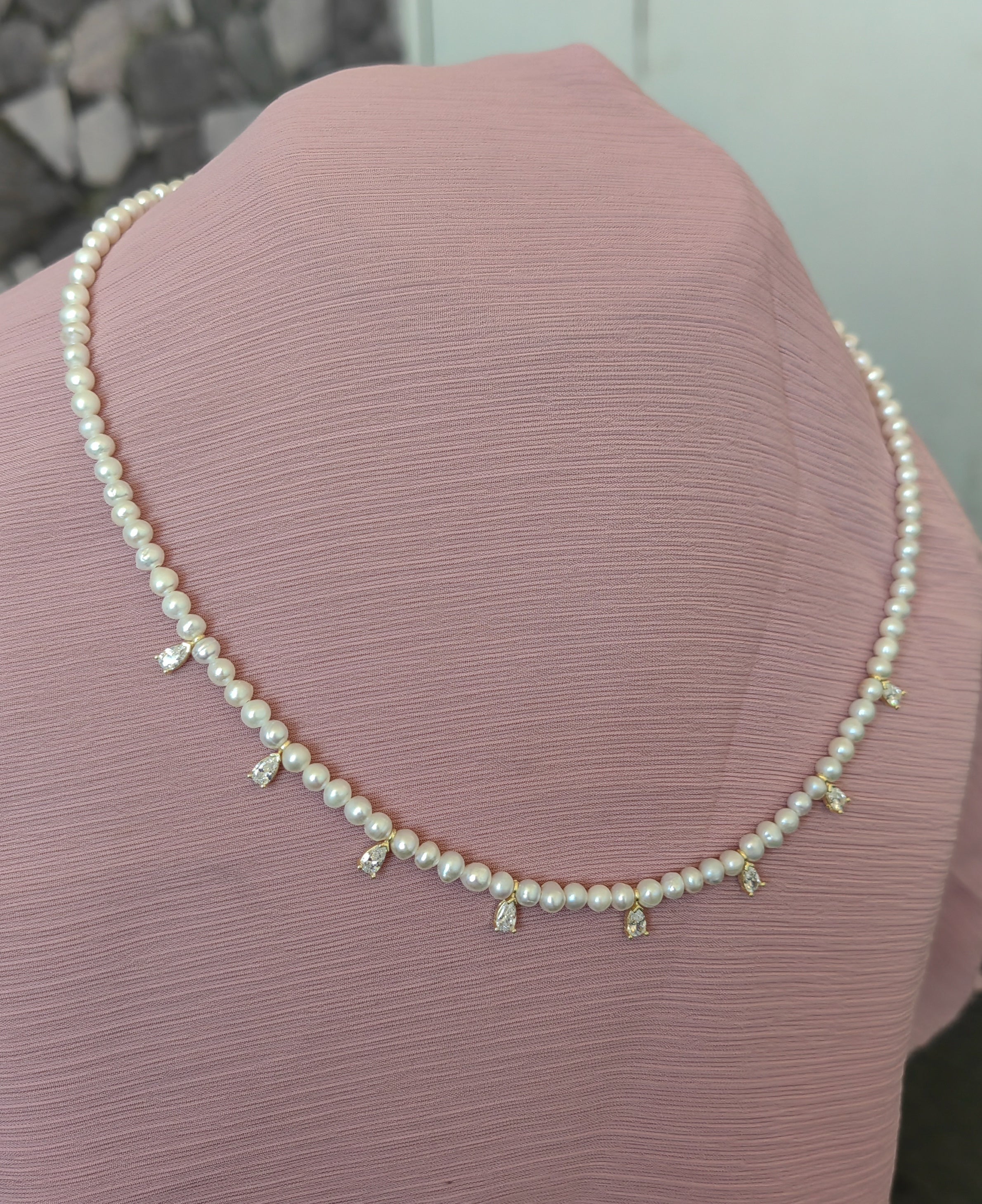 925 Silver Pearl Necklace with Zircon Charms - Delicate CZ Drop Pendant