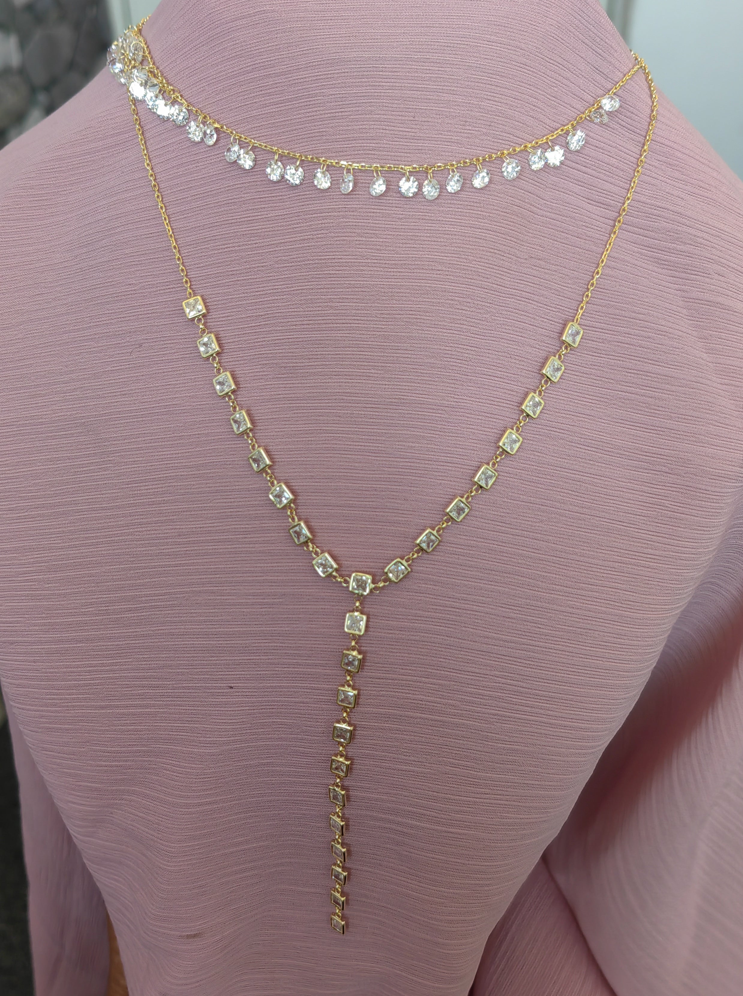 925 Sterling Silver Cubic Zirconia Lariat Necklace | Luxury Layered Pendant Set