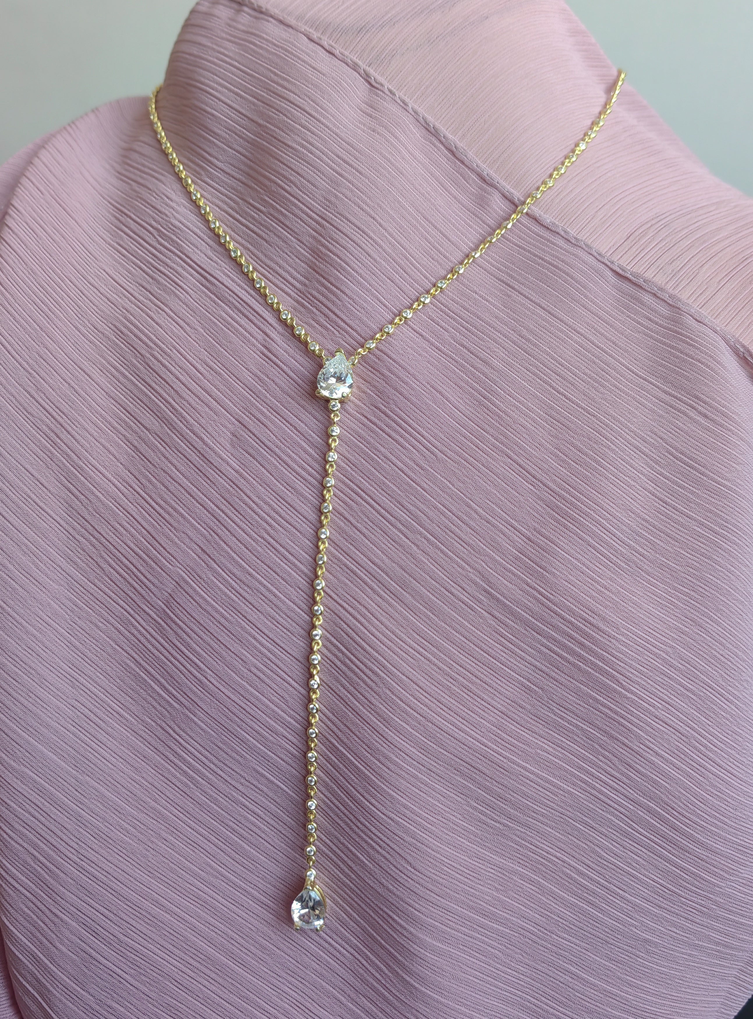 Pear Cut Cubic Zirconia Lariat Necklace, 925 Sterling Silver Y Drop Necklace, Gold Plated Dainty CZ Teardrop Pendant, Bridal & Gift for Her