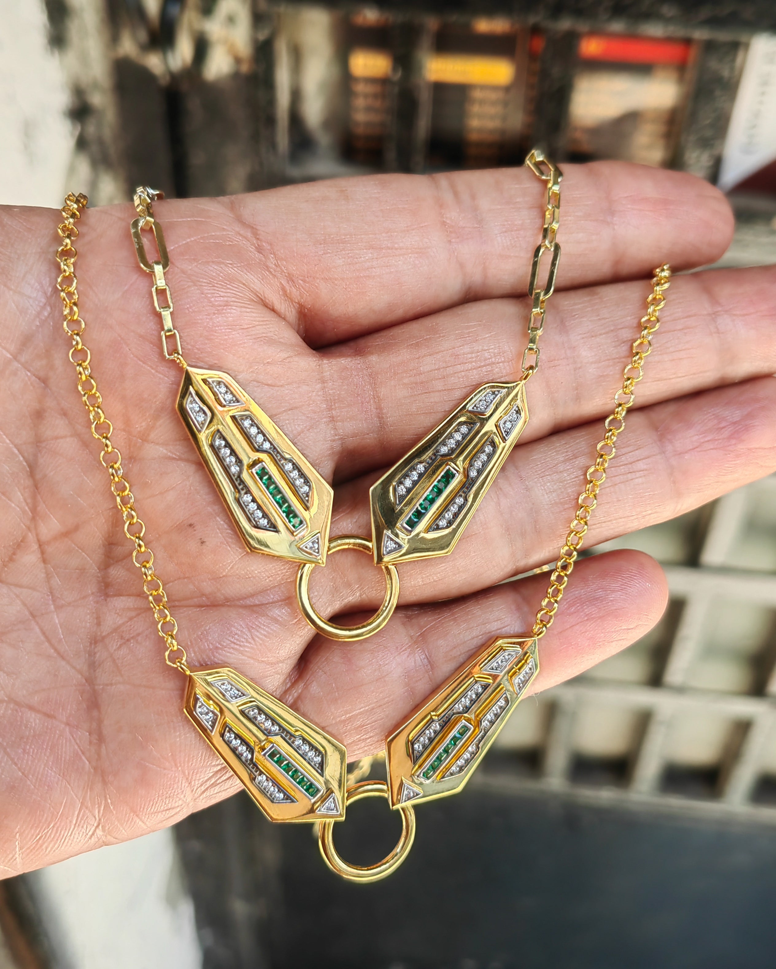 Art Deco Emerald Green Necklace, 925 Sterling Silver Gold Vermeil Choker, Geometric Statement Pendant, CZ Jewelry Gift for Her