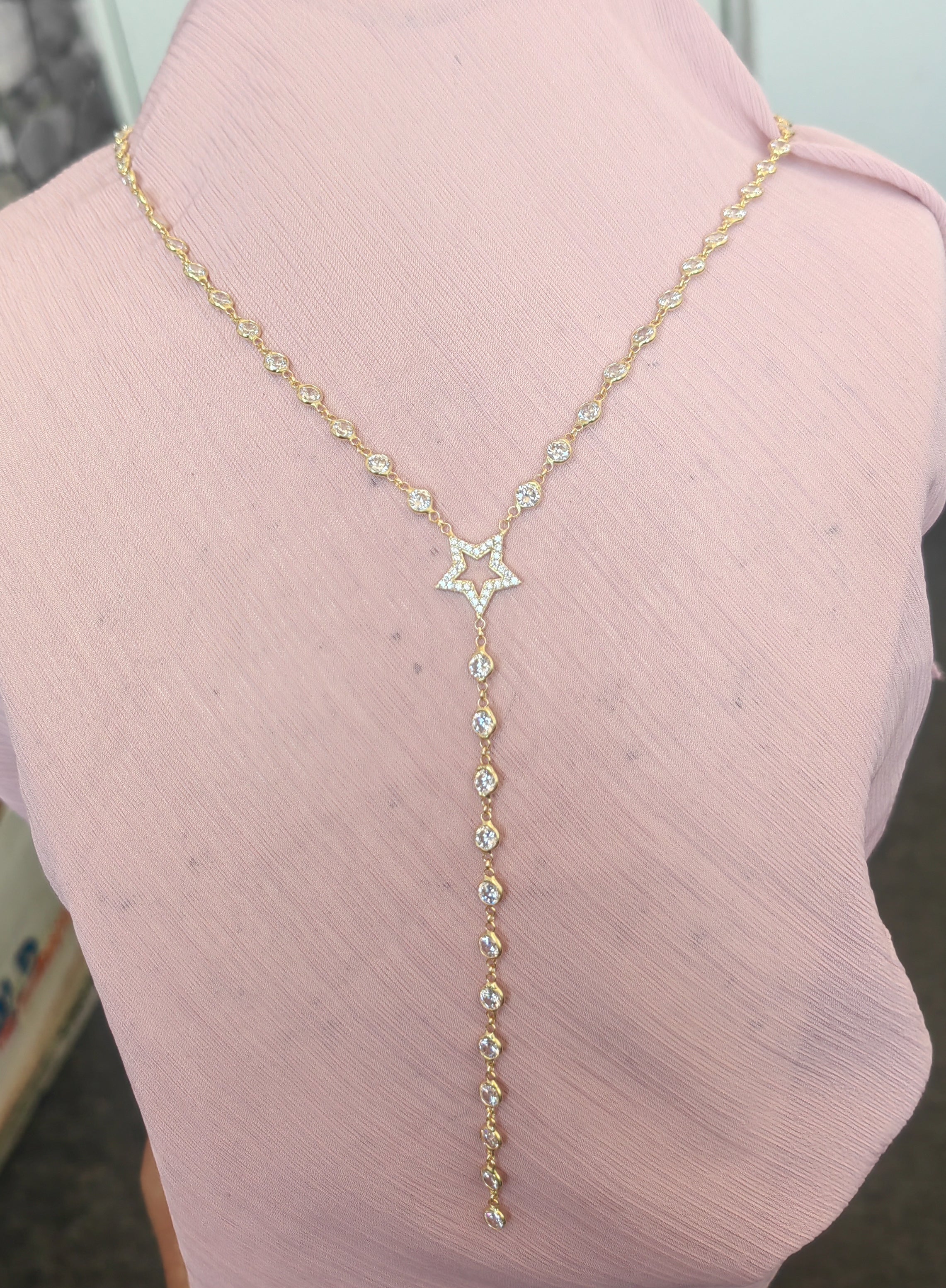 Gold Plated Sterling Silver Star Lariat Necklace – Bezel-Set Cubic Zirconia Y Necklace for Women