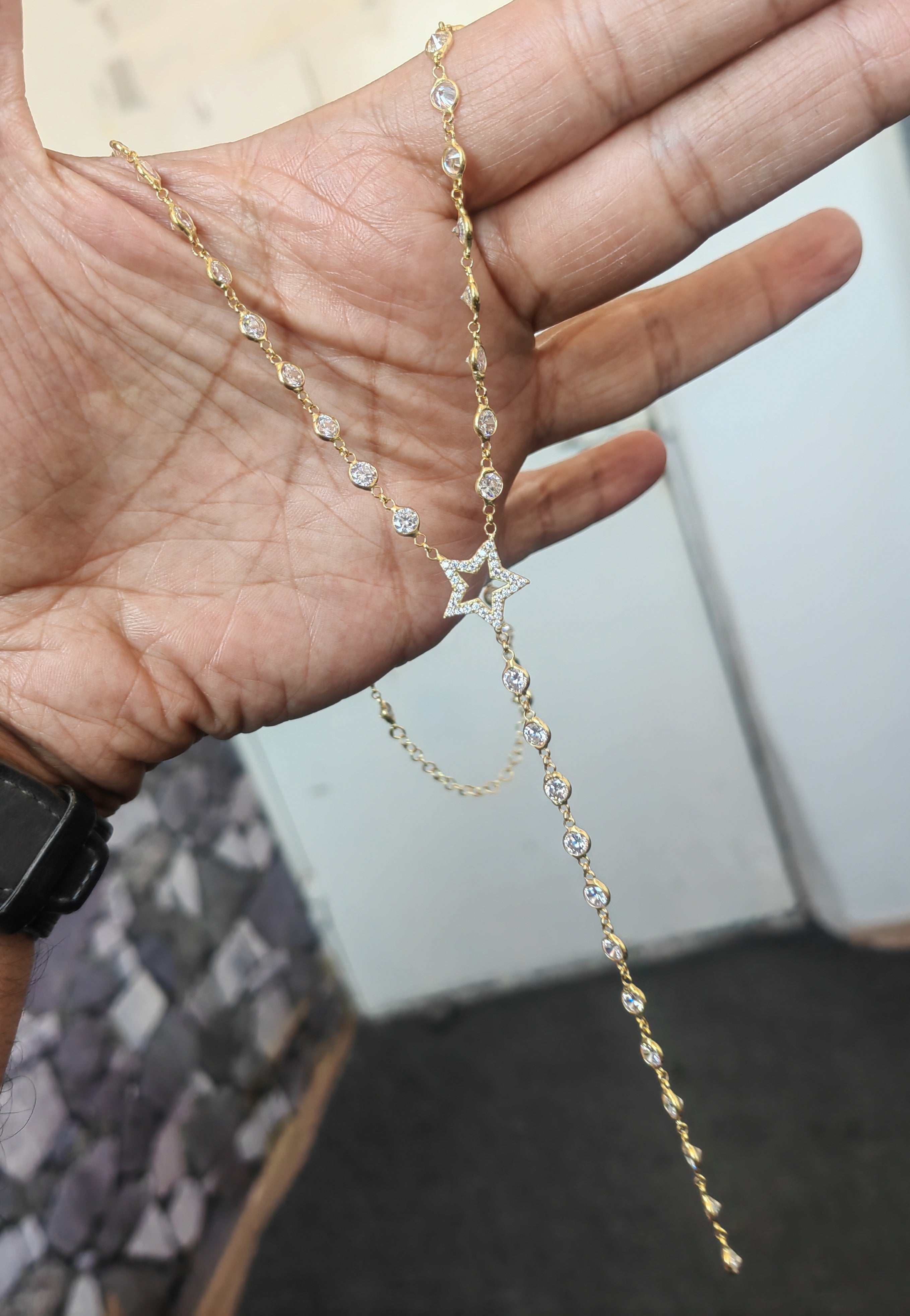 Gold Plated Sterling Silver Star Lariat Necklace – Bezel-Set Cubic Zirconia Y Necklace for Women