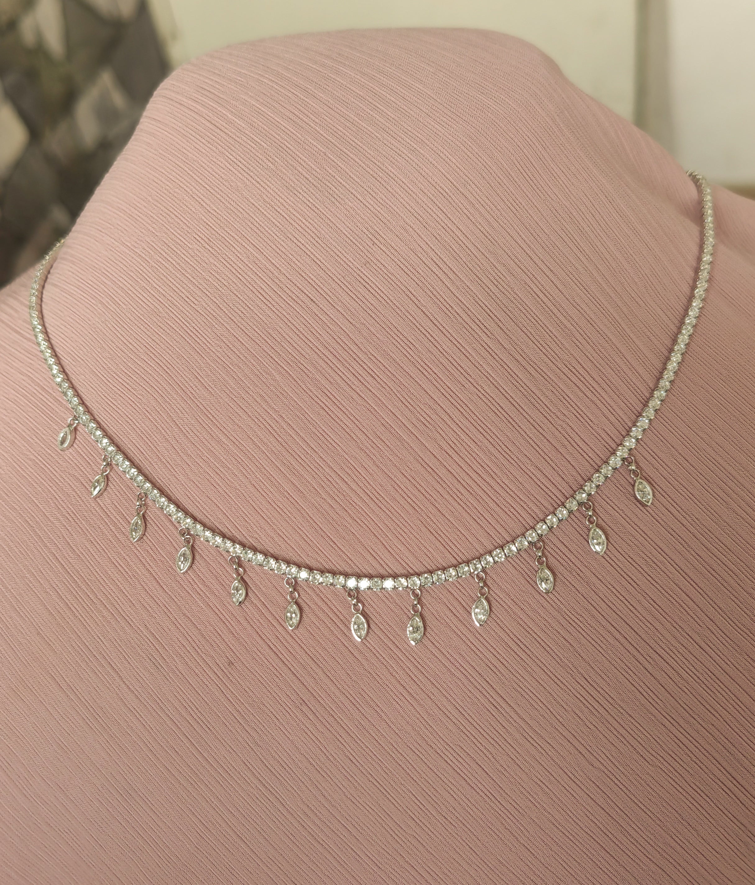 Drop Stone 2 mm Tennis Chain Necklace, Cubic Zirconia Tennis Choker Necklace