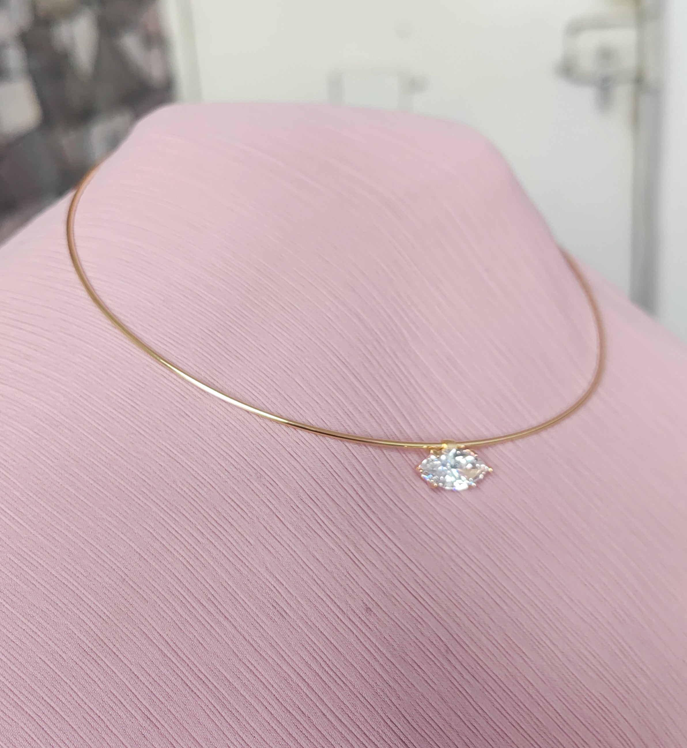 925 Sterling Silver Marquise CZ Choker Necklace – Minimalist Rigid Wire Collar, Gold Plated