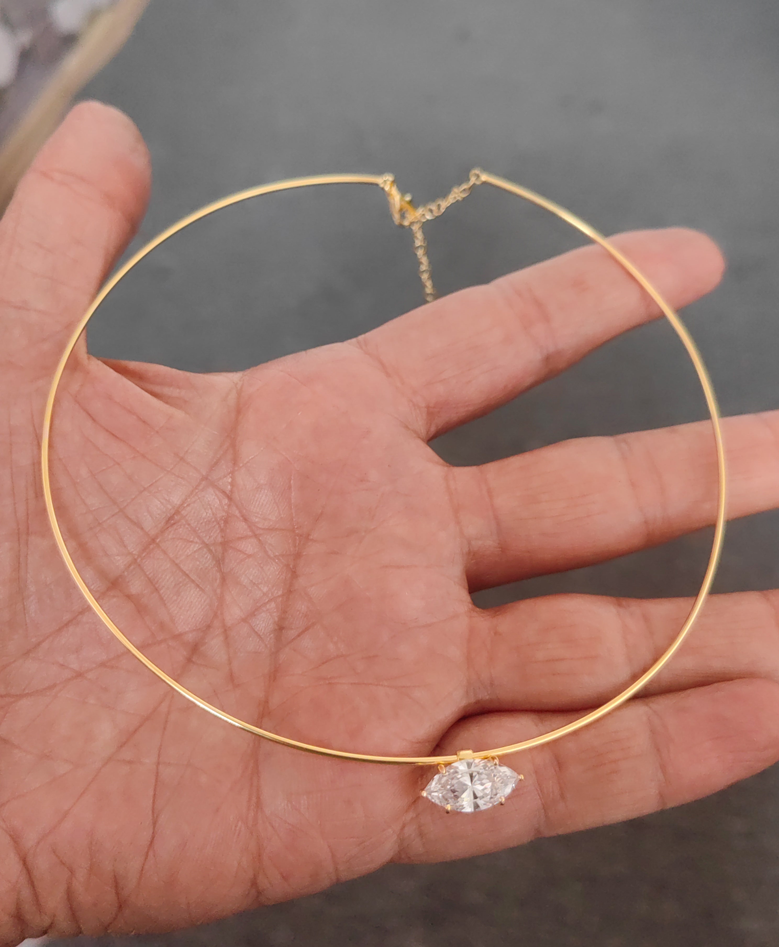 925 Sterling Silver Marquise CZ Choker Necklace – Minimalist Rigid Wire Collar, Gold Plated