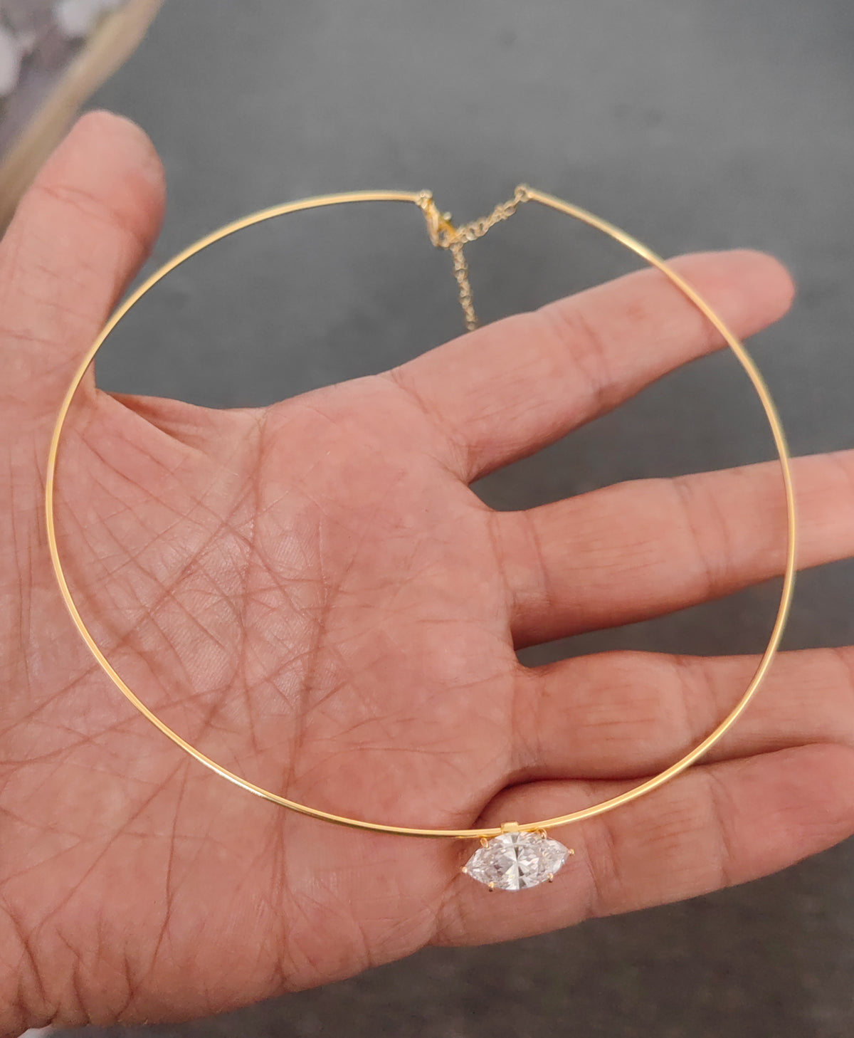925 Sterling Silver Marquise CZ Choker Necklace – Minimalist Rigid Wire Collar, Gold Plated
