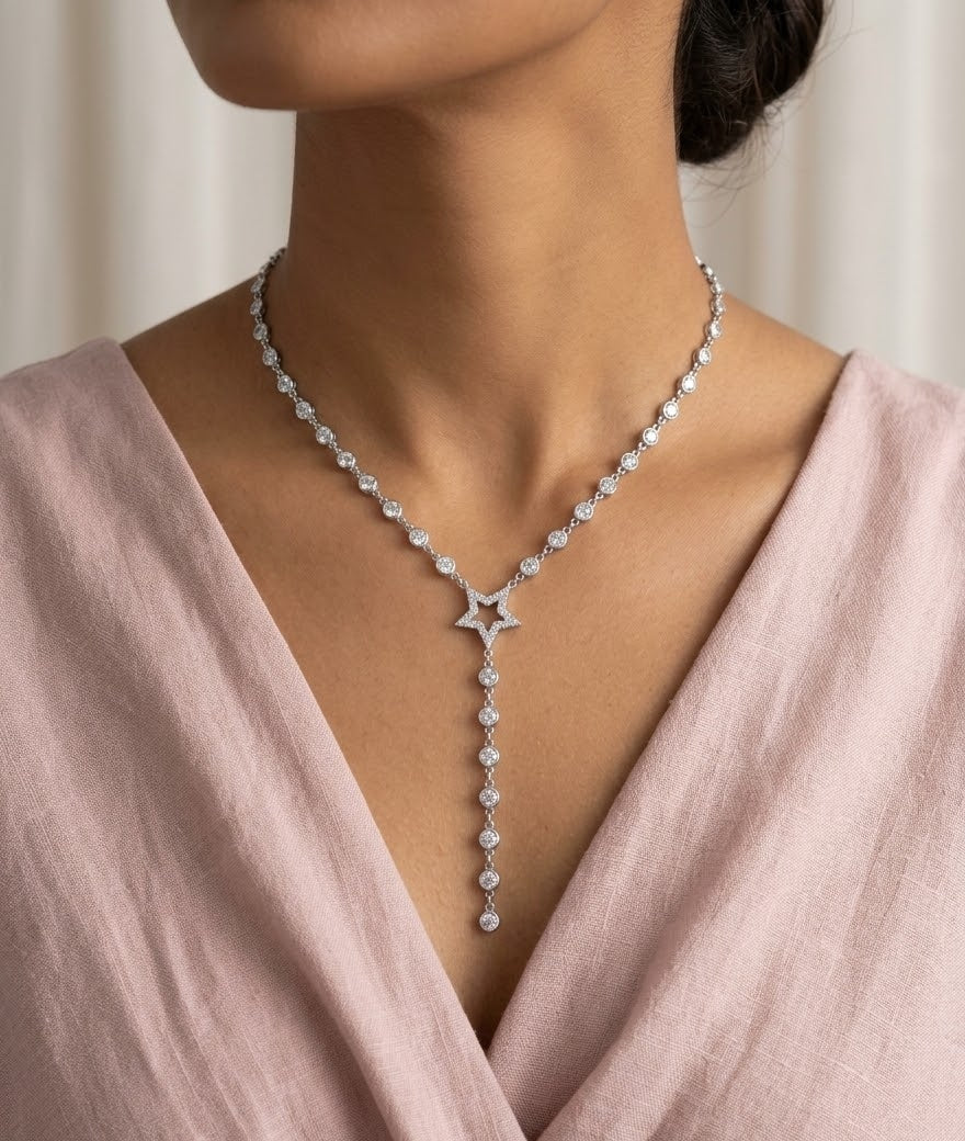 Gold Plated Sterling Silver Star Lariat Necklace – Bezel-Set Cubic Zirconia Y Necklace for Women