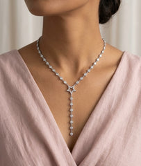 Gold Plated Sterling Silver Star Lariat Necklace – Bezel-Set Cubic Zirconia Y Necklace for Women