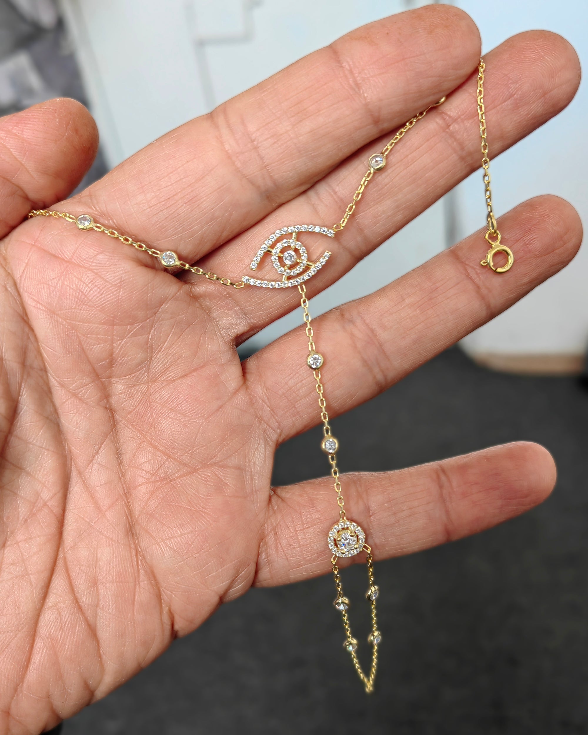 Zircon Stone Eye Silver Sahmeran Bracelet, Hand Chain Bracelet