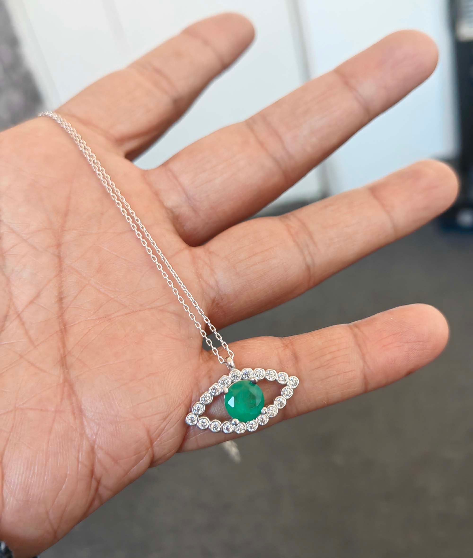 14K Gold Green Evil Eye Necklace: Sterling Silver Jewelry